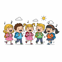Cheerful Cartoon Illustration of Students Walking to School with Backpacks