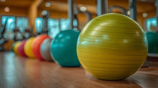 A row of colorful balls are lined up on a wooden floor