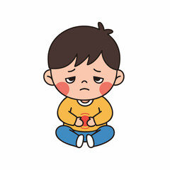 Flat Illustration Unhappy Little Boy Holding Stomach in Pain Cartoon