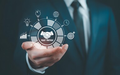 Collaboration in Hand: An executive in a polished suit cradles a glowing symbol of partnership and mutual trust, accompanied by minimalist icons representing core business principles.