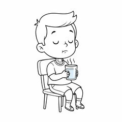 Line Art Boy Drinking Hot Drink While Sitting on Chair Illustration