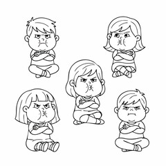 Handdrawn Cute Annoyed Children Character Set Line Art Illustration
