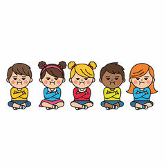 Flat Illustration Group of Angry Kids Sitting Together in Bad Mood