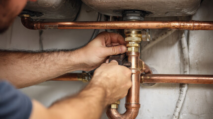 Hands tightening copper plumbing pipe fittings with a wrench under a kitchen sink