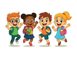 vector illustration of Four happy children jumping with joy and backpacks