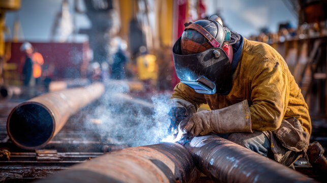 Man welding large industrial pipes on an outdoor worksite wearing protective gear and helmet with sparks flying around