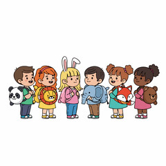 Cute Cartoon Children Animal Costume Party Characters Flat Illustration