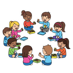 Cartoonish Handdrawn Kids Playing Together in Circle Illustration