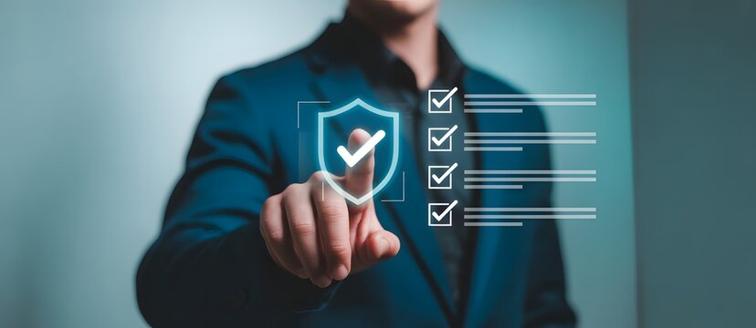 Data Protection: A close-up shot captures a professional, in a business attire, interacts with a virtual security interface, highlighting data protection and security measures.