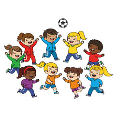 Flat Cartoon Group of Diverse Children Playing with Soccer Ball Illustration