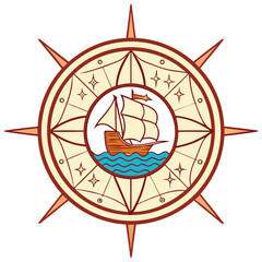 Vintage style compass rose with sailing ship, ocean waves and stars inside
