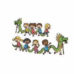 Cartoon Cheerful Group of Children Dancing in Dragon Dance Illustration