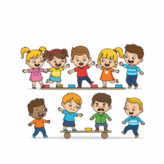 Colorful Handdrawn Group of Children Playing Together Outdoor Illustration