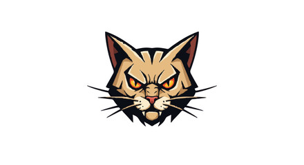 Illustration of a fierce looking cat head with sharp teeth and intense eyes on a white background