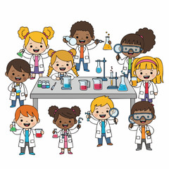 Cute Cartoon Illustration of Diverse Children Performing Science Experiment in Laboratory