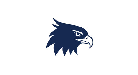 Illustration of a stylized eagle head in navy blue with sharp features on a white background design
