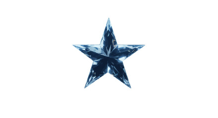 A shiny blue star with a pointed top and faceted surface is centered on a white background image here