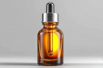 Glass bottle containing amber liquid with dropper, sitting on a surface against a warm brown gradient background