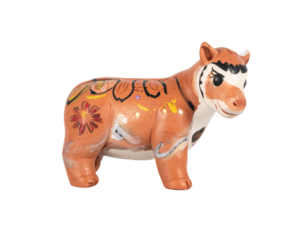 Charming folk art clay figurine of a brightly painted tiger with floral designs