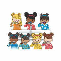 Cute Cartoon Little Girls Brushing Teeth Together, Healthy Lifestyle Illustration