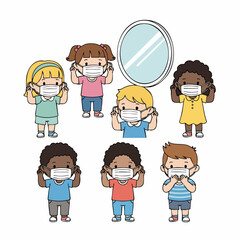 Cute Hand Drawn Kids Wearing Face Mask and Mirror Illustration