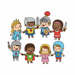 Cute Handdrawn Diverse Kids Holding Hands Fairytale Character Illustration