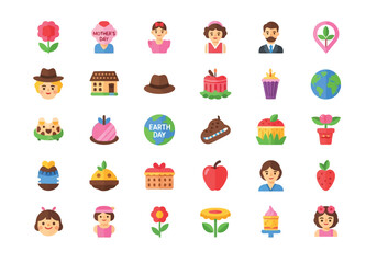 Collection of Colorful Flat Icons for Various Holidays and Celebrations.