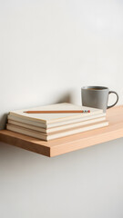 Still life of books, pencil, and drink on a wooden shelf against a plain background.