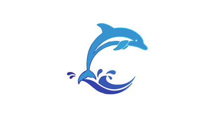 Illustration of a blue dolphin leaping out of the water with stylized waves and water splashes