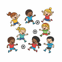 Cartoon Cheerful Different Ethnicity Children Playing Football Cute Illustration