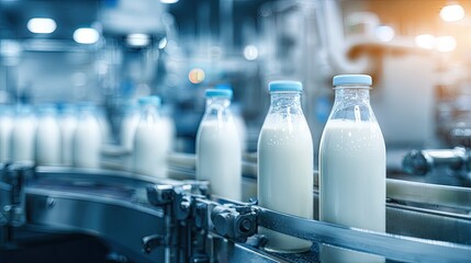 Milk Bottles On Conveyor Belt In Dairy Factory