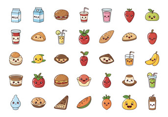 Cute Kawaii Food and Drink Icons.