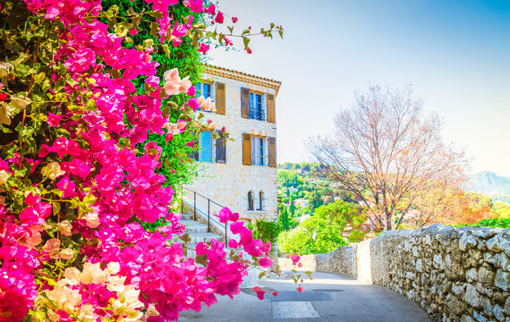Fototapeta beautiful old town street with stone stairs and flowers in Provence France
