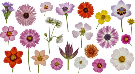 Photo of a diverse assortment of colorful flowers, including daisies, cosmos, and dahlias, isolated on a clean transparent background
