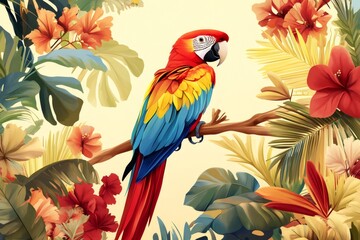 Obraz premium Scarlet macaw resting on a branch surrounded by colorful tropical flowers and lush vegetation, creating a vibrant and exotic atmosphere