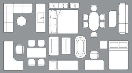 Top view of furniture outlines. Set of architectural furniture plan icons for a designer interior and architectural project. Thin line icon with white fill for furniture in the top view for a layout.