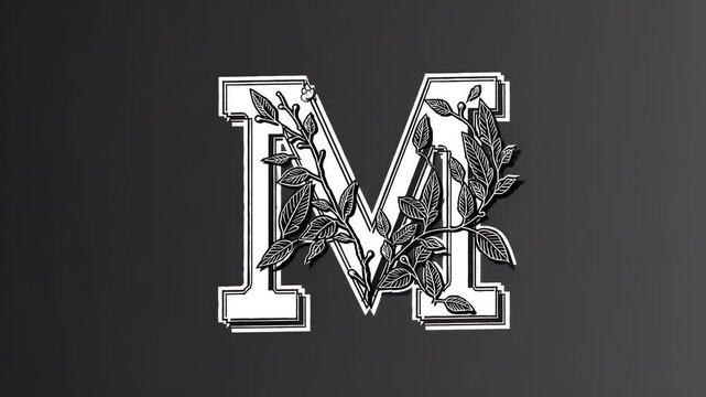 elegant animated vintage video style monogram logo letter M adorned twigs leaves rendered transparent background branding videos wedding clips luxury