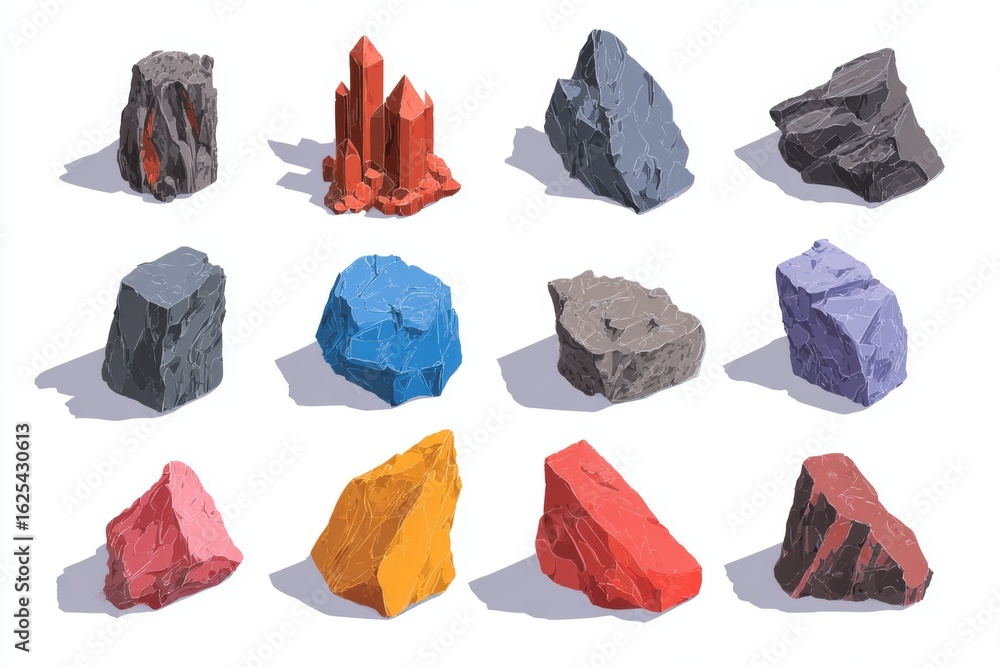 Poster an array of colorful stones with varied textures and designs is presented on a clean white backgroun