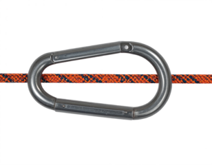 Secure climbing carabiner holding strong rope, symbolizing safety and adventure in outdoor sports