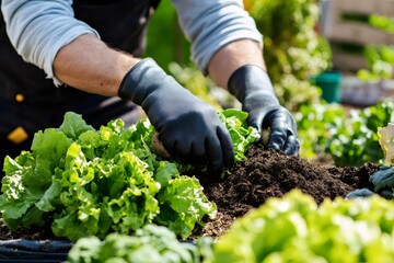Close up of hands wearing gloves carefully planting lettuce seedlings in rich soil, showcasing gardening and healthy eating