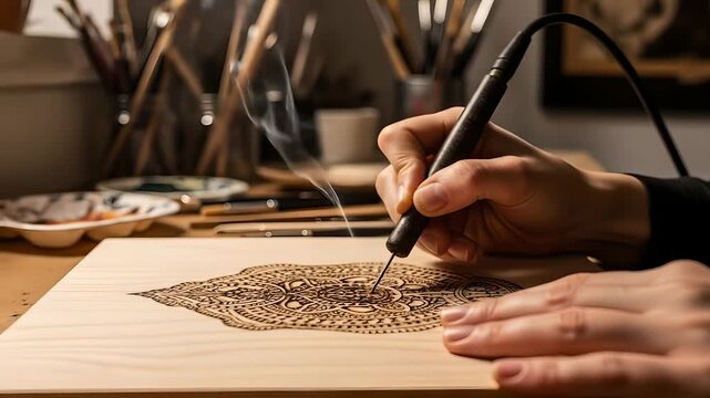 Wood burning pyrography crafting detailed mandala patterns. Art, design, creative DIY projects, and artistic hobbies use case. Close-up of hands pyrography creating art.