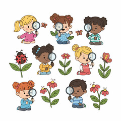 Cute Handdrawn Kids with Magnifying Glass Exploring Nature Illustration