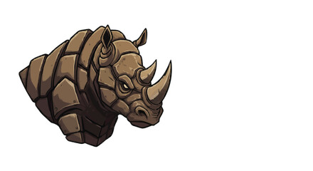 Illustration of a rhino head with brown skin and two horns and a stern expression on a white background