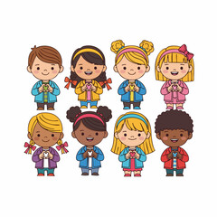 Cute Cartoon Style Diverse Children Holding a Present Illustration