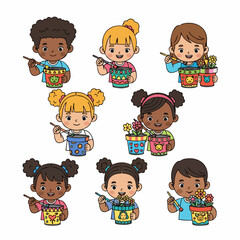 Flat Design Diverse Group of Children Holding Plants in Pots Illustration