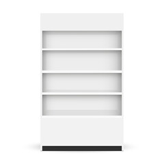 Realistic empty retail display with shelves mockup. Minimal white showcase with four levels for product placement in shop, pharmacy or supermarket. Isolated on white background