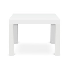 Minimal white table mockup. Front view of modern square table isolated on white background. Perfect for product placement, branding, or furniture design presentations