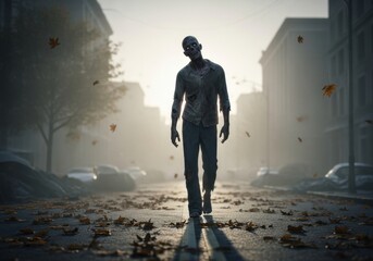 A Zombie Walks Through an Abandoned Street, Surrounded by Fallen Leaves, Creating a Chilling Post-apocalyptic Scene