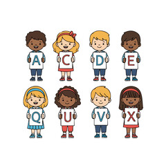 Cute Watercolor Diverse Children Holding Alphabet Letter Card Illustration Set