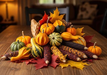 A Vibrant Display of Autumn Harvest Featuring Pumpkins, Gourds, and Colorful Corn Surrounded by Fall Leaves